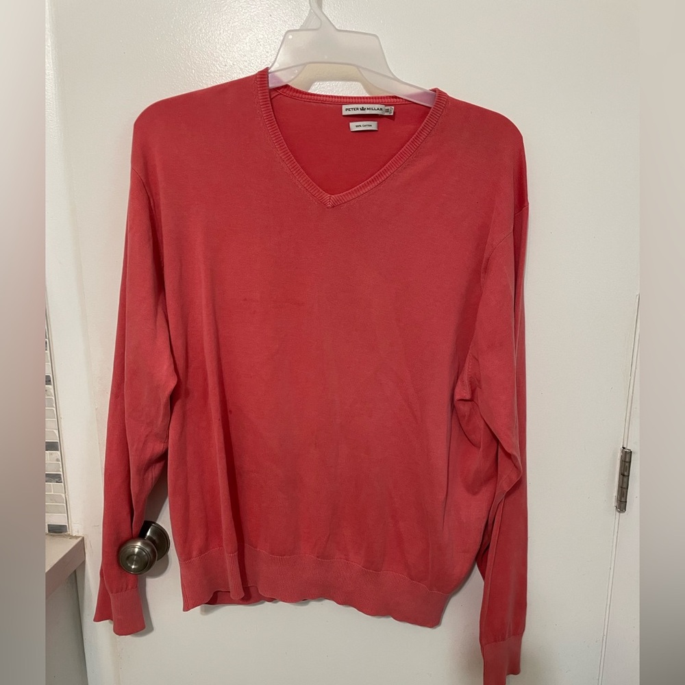 Peter millar pink long sleeve v neck pullover Men’s XXL Sweater 100% Cotton